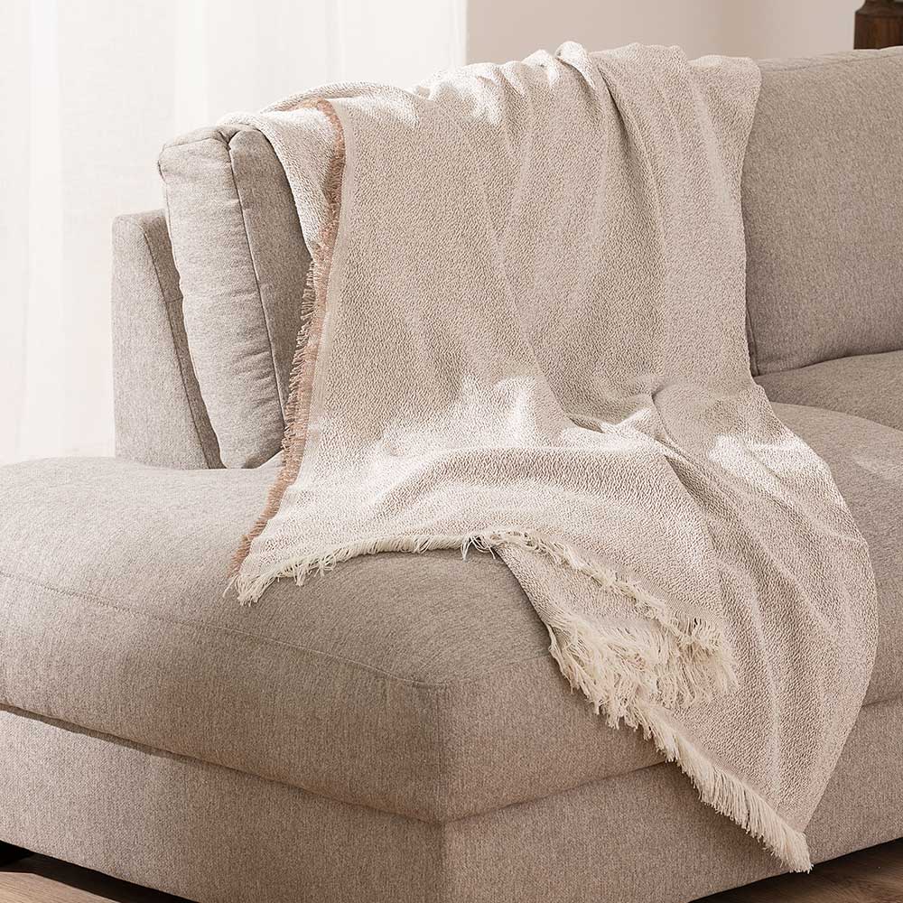 Plaid-Namibia-Taupe-katoen-over-bank Plaid Namibia taupe - Premium Belmarti® kwaliteit